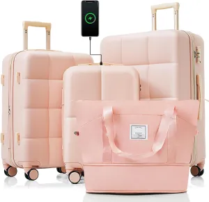 Merax 4 Piece Luggage Set, 20” with USB Port, Expandable ABS Durable Suitcase with Travel Bag, Cup Holder, ABS Hard Shell Luggage with Spinner Wheels, Pink