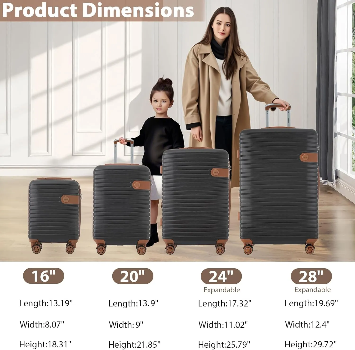 Merax Hardshell Luggage Sets 4 piece Lightweight Suitcases With Wheels TSA Lock Expandable (only 24”/28”) ABS Large Luggage set (Coffee Bean color)