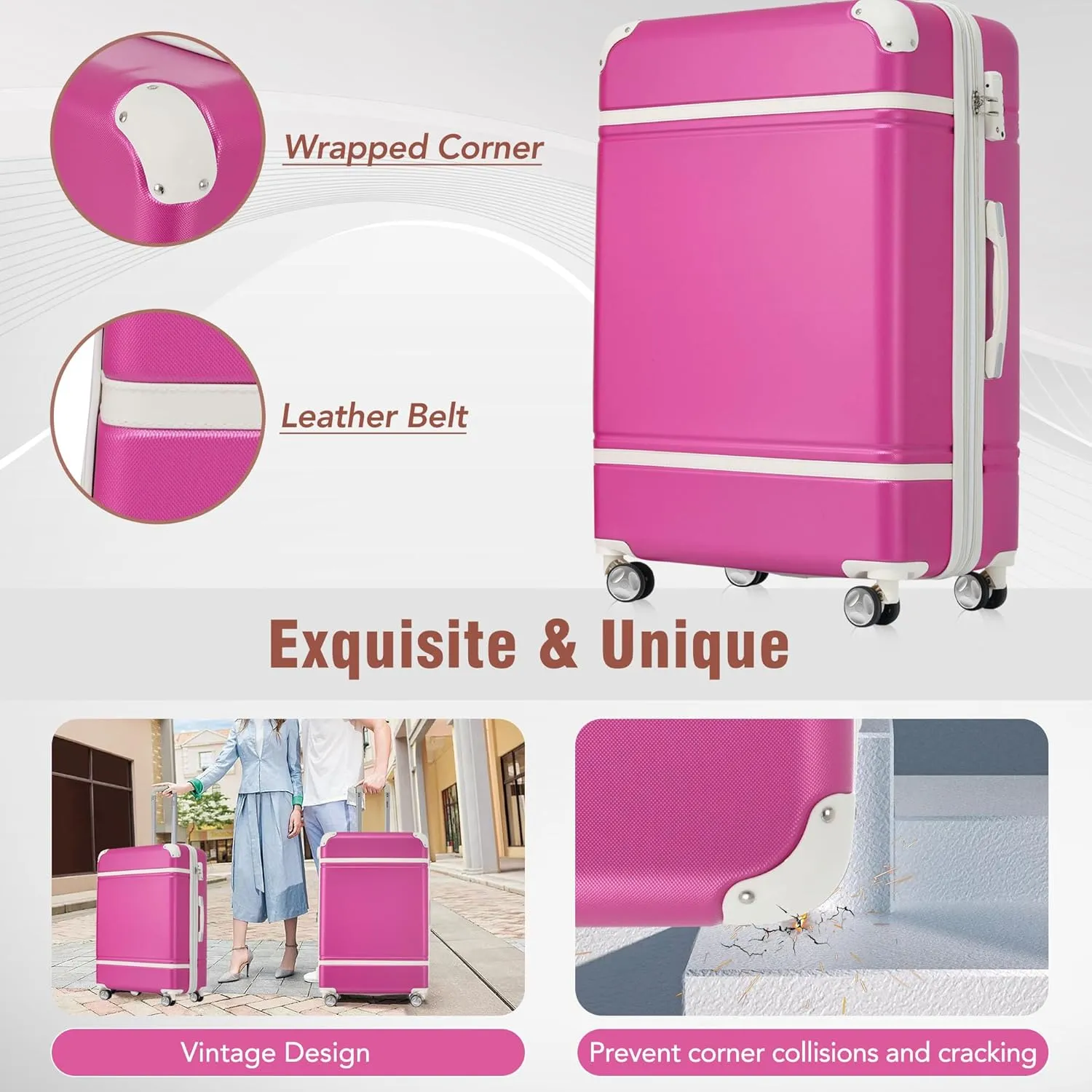 Merax Hardshell Luggage TSA Lock Suitcase, Pink, 4-Piece Set