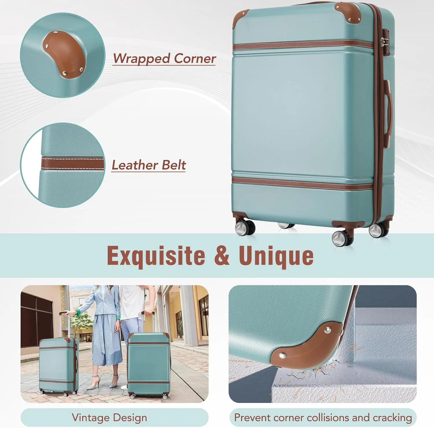 Merax Luggage Set, 2 Piece Luggage with Cosmetic Case, Vintage Hardcase Suitcase with Wheels, Expandable Luggage Airline Approved(Blue Green,20" 24")
