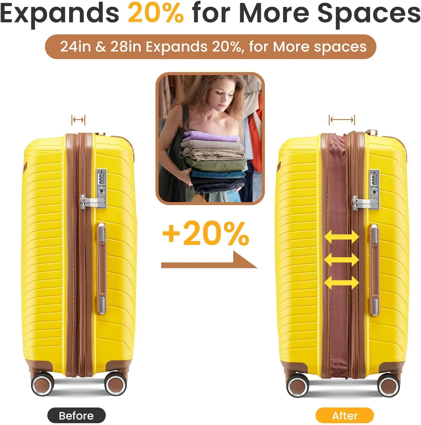 Merax Luggage Set of 4, Expandable Lightweight Suitcase with 4 Double 360 Degrees Mute Spinner Wheels and TSA Lock, PP Materials, 14”20”24”28”, Yellow