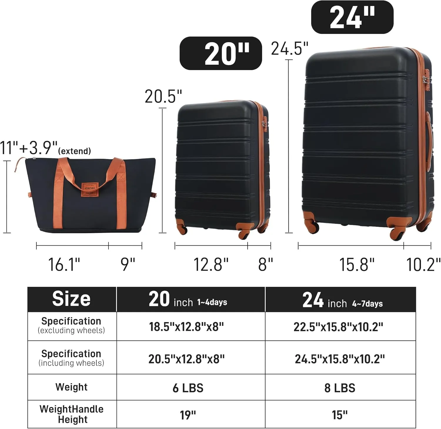 Merax Luggage Sets 2 Piece Expandable Hardside Luggage with Travel Bag Suitcase Set with Spinner Wheels(20 24 bag,Black Brown-1)