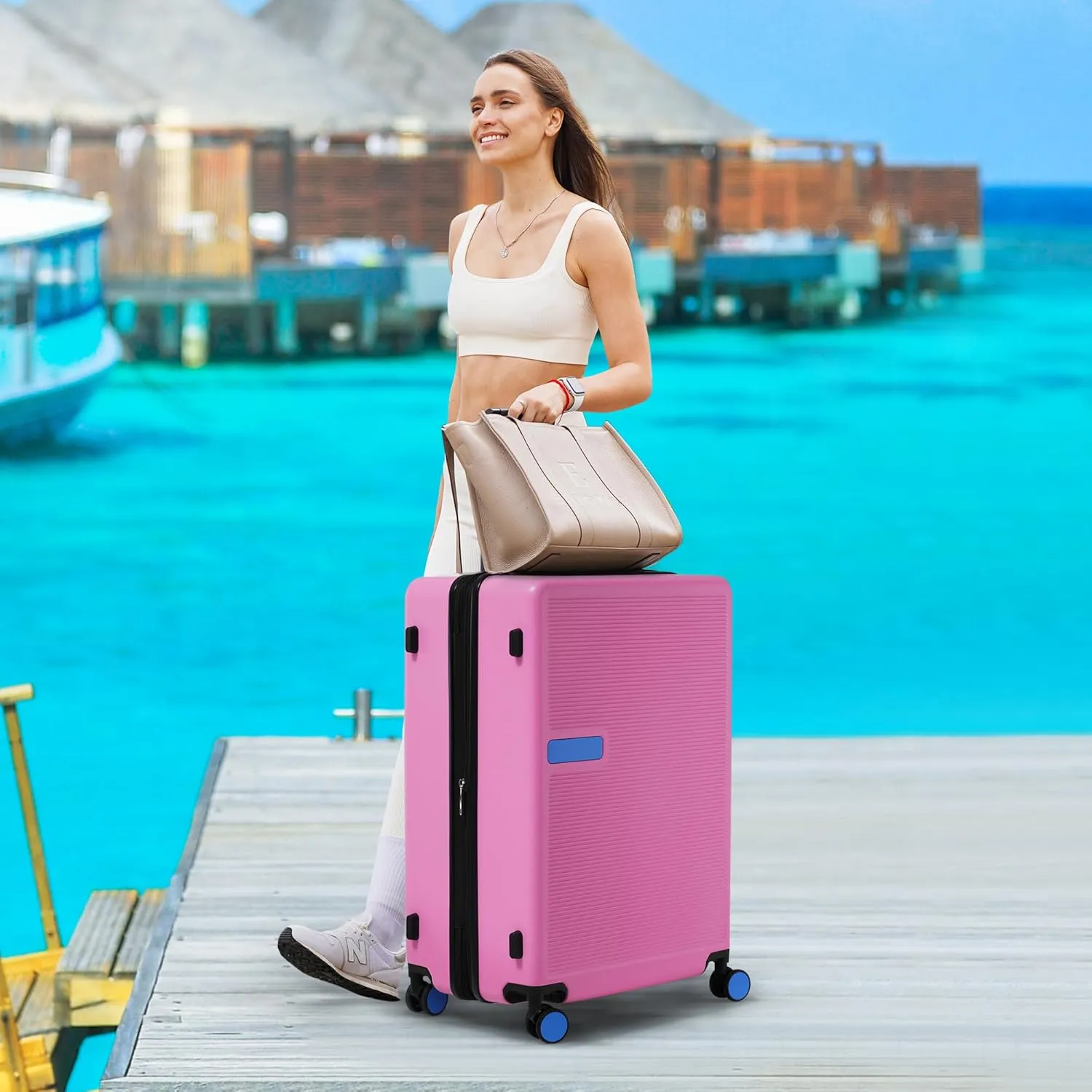 Merax Luggage Sets, Contrast Color 3 Piece 20"  24"  28" Luggage Set Hardside Spinner Suitcase with TSA Lock, Pink
