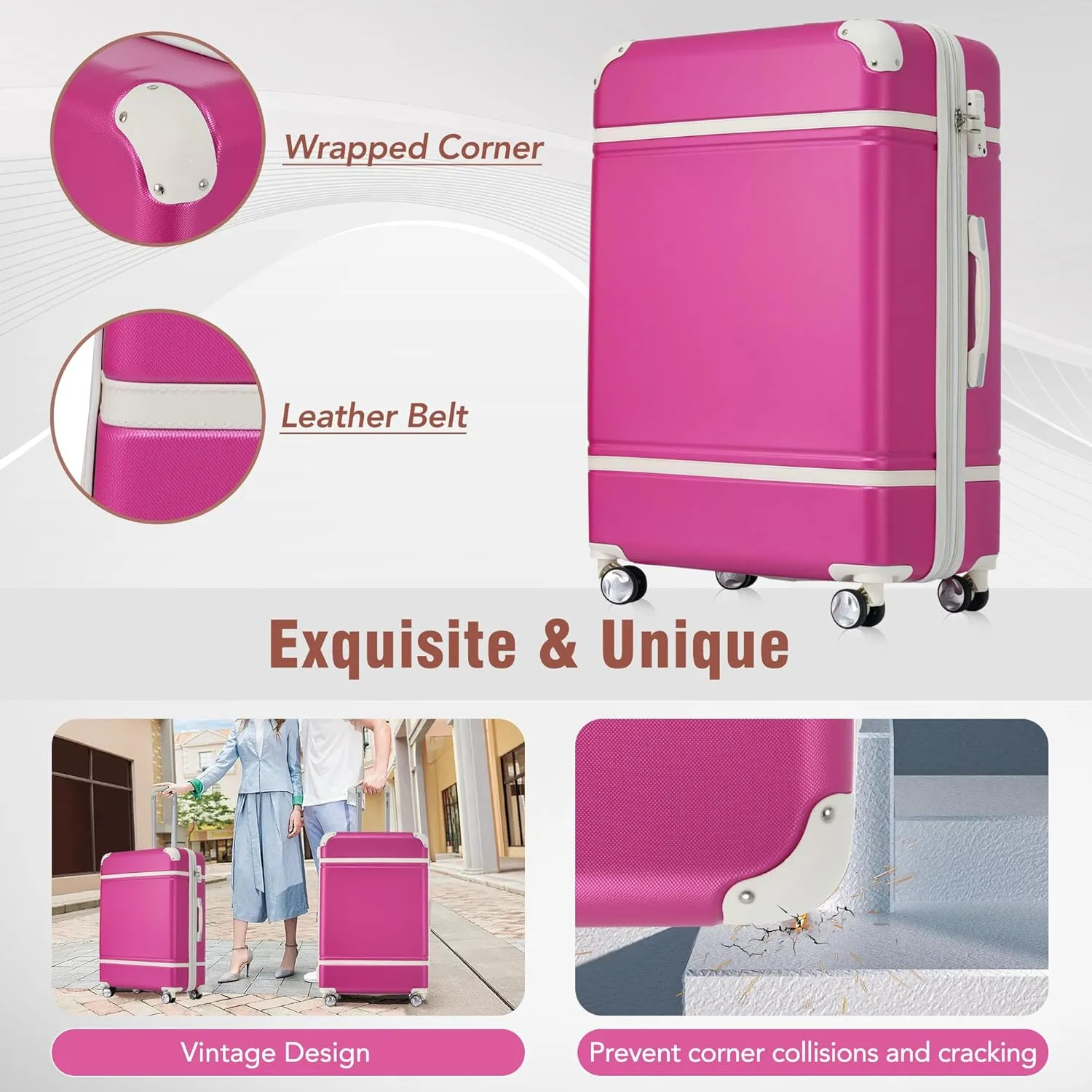 Merax Luggage Sets, Hardshell Luggage Sets 3 Pieces 20" 24" Luggages and Cosmetic Case Spinner Suitcase with TSA Lock Lightweight, Pink