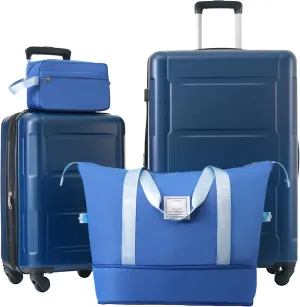 Merax Luggage with Bags Suitcase Sets with Spinner Wheels, Dark Blue, 20/28 Inch   Cosmetic & Handbag