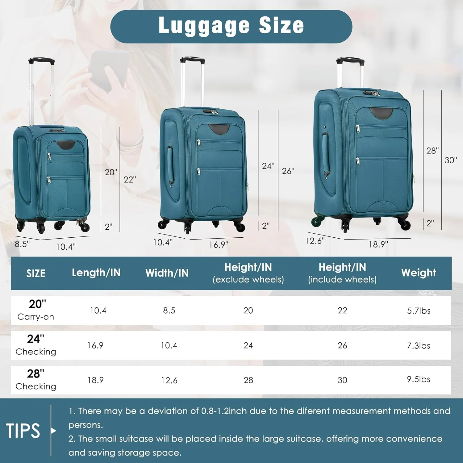Merax Softside Luggage Set 3 Piece Suitcase with Duffel Bag Spinner Wheels Lightweight Expandable Travel Luggage 22" 26" 30",Blue Green