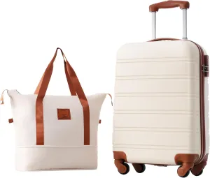 Merax Spinner Wheels Suitcase with TSA Lock, Brown   White, 20 Inch with Travel Bag