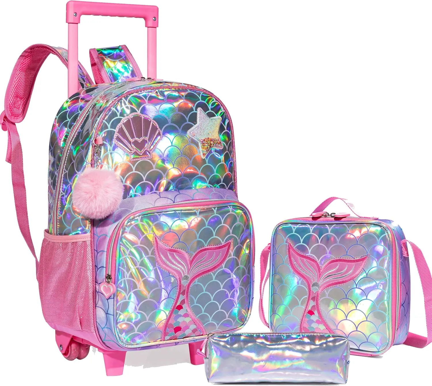 Mermaid Rolling Backpack - Kindergarten Wheeled Suitcase for Girls - Kids Travel School Bag with Wheels
