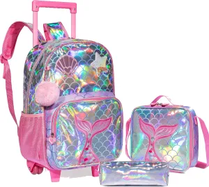 Mermaid Rolling Backpack - Kindergarten Wheeled Suitcase for Girls - Kids Travel School Bag with Wheels
