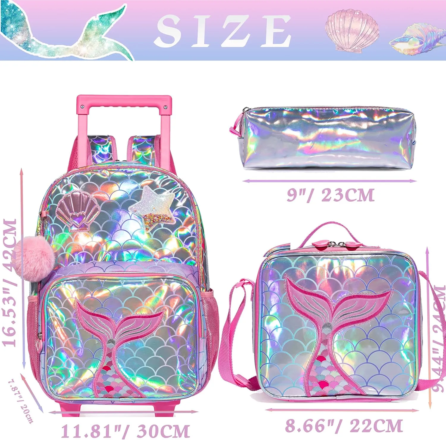 Mermaid Rolling Backpack - Kindergarten Wheeled Suitcase for Girls - Kids Travel School Bag with Wheels