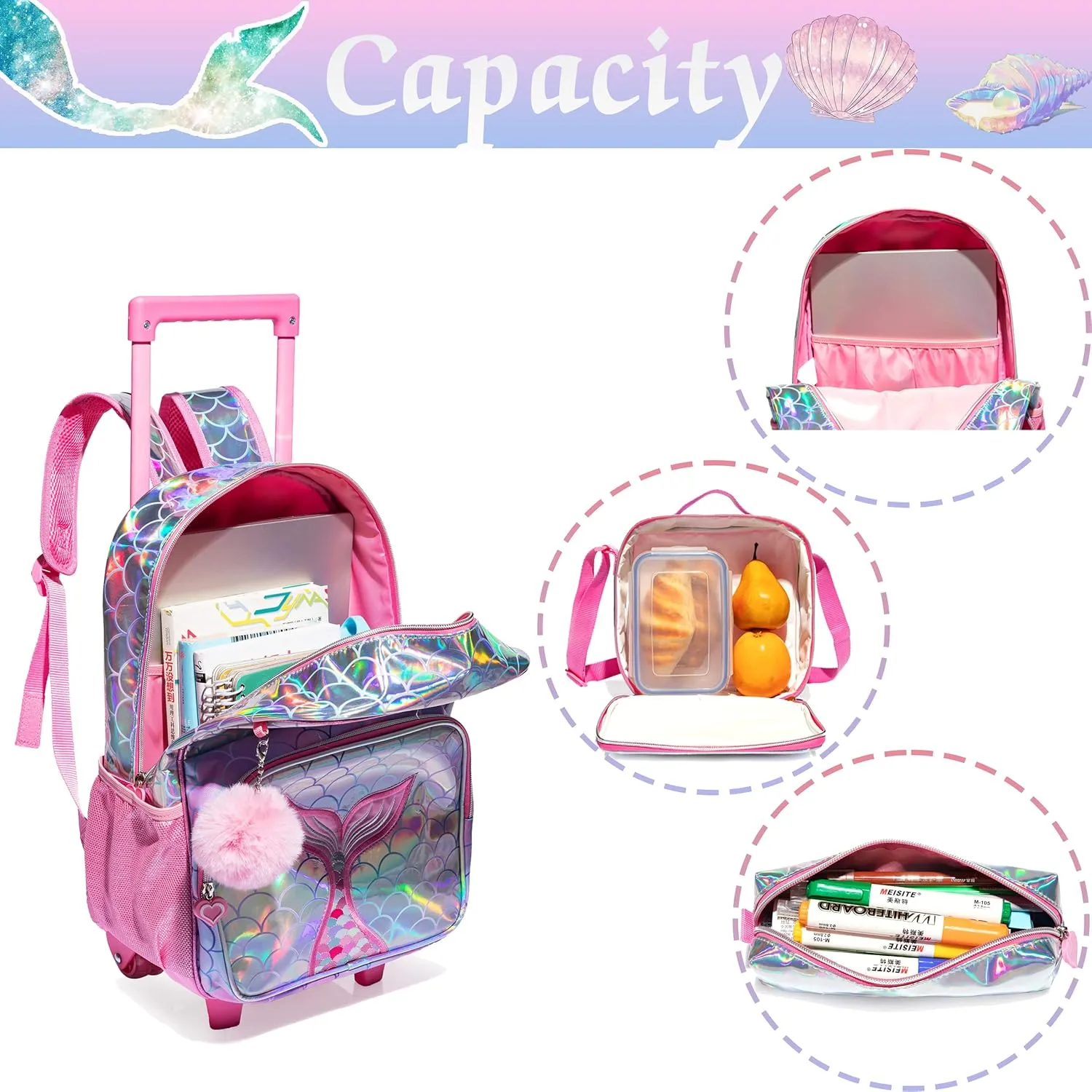 Mermaid Rolling Backpack - Kindergarten Wheeled Suitcase for Girls - Kids Travel School Bag with Wheels