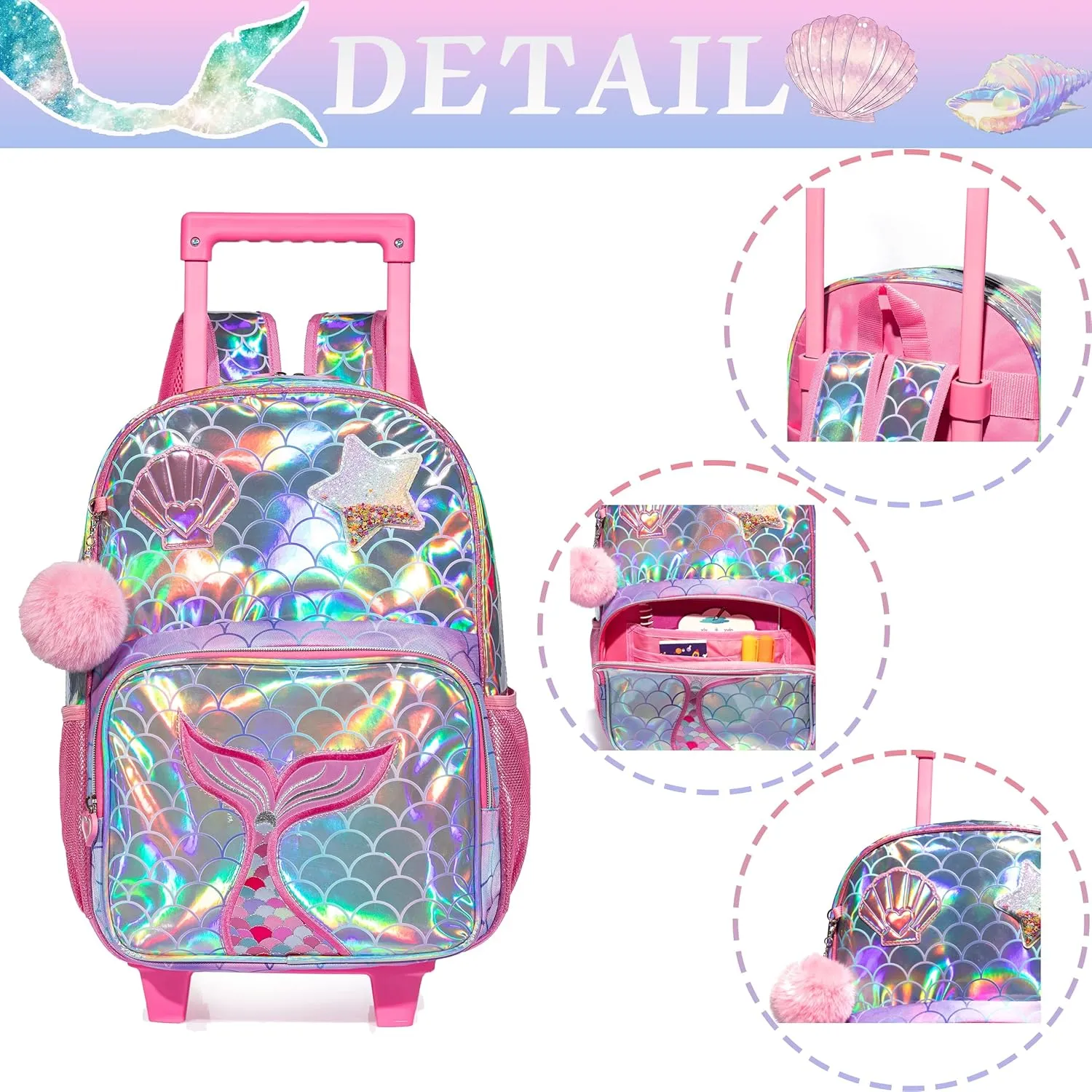 Mermaid Rolling Backpack - Kindergarten Wheeled Suitcase for Girls - Kids Travel School Bag with Wheels