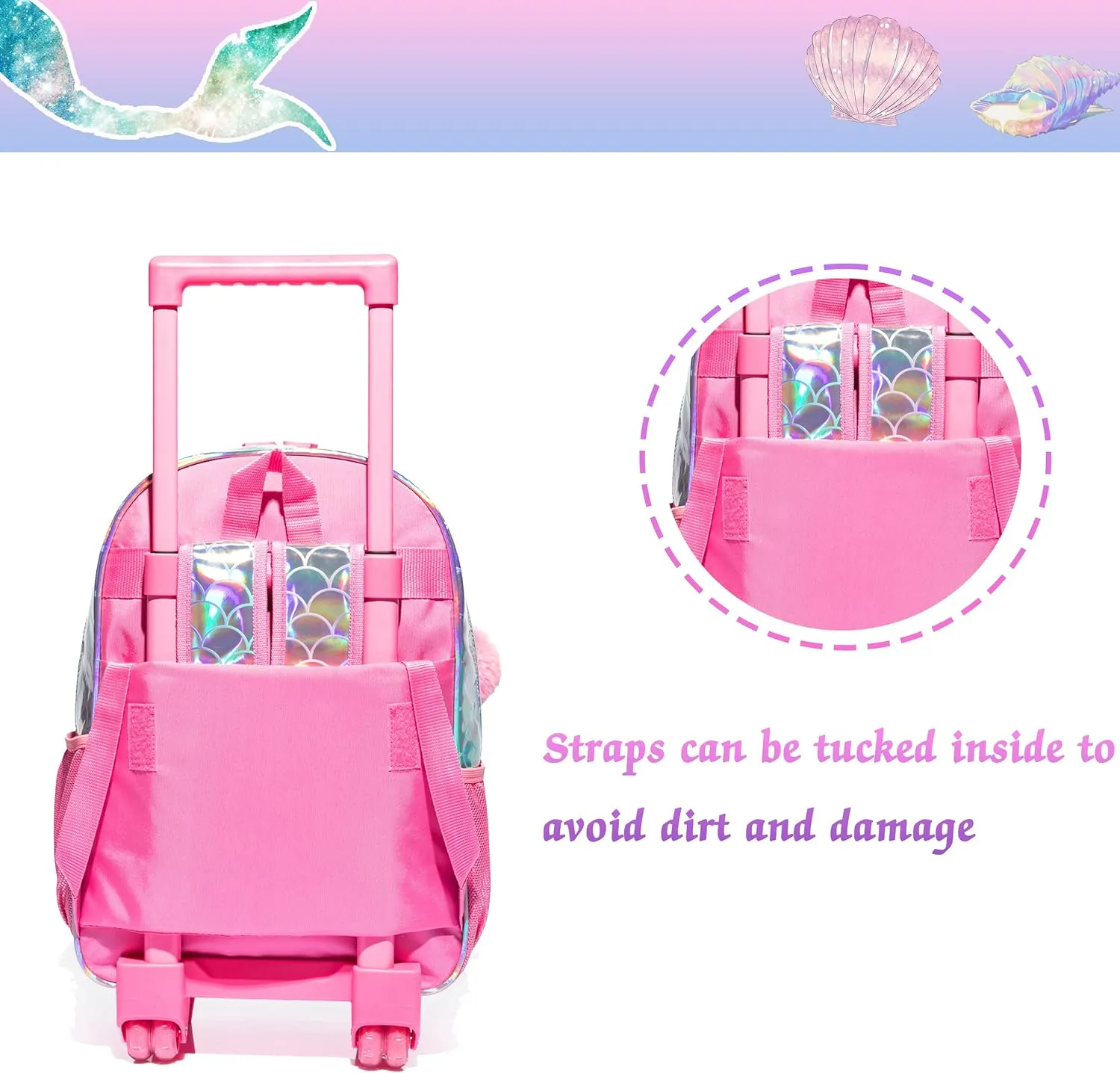 Mermaid Rolling Backpack - Kindergarten Wheeled Suitcase for Girls - Kids Travel School Bag with Wheels