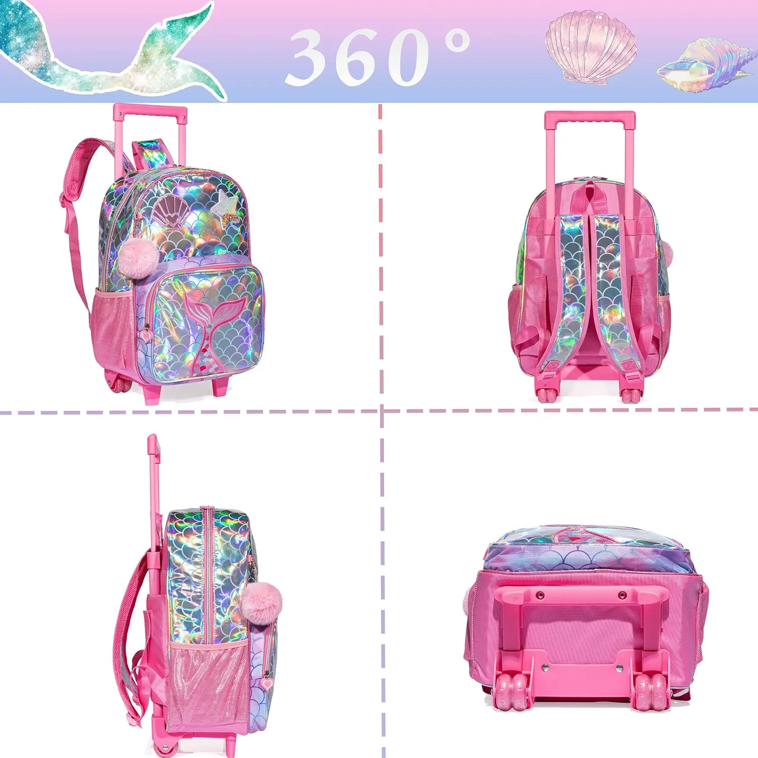 Mermaid Rolling Backpack - Kindergarten Wheeled Suitcase for Girls - Kids Travel School Bag with Wheels