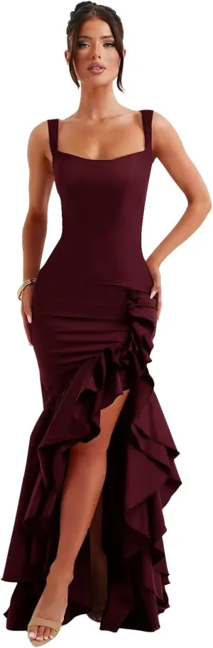 Mermaid Ruffle Satin Prom Dresses for Women Long Corset Sleeveless Flowy Formal Evening Gown with Slit