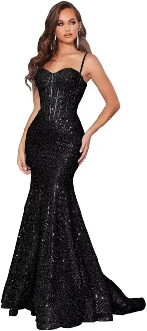 Mermaid Sequin Prom Dress Sparkly Spaghetti Straps Ball Gown Satin Formal Evening Dresses Pleated