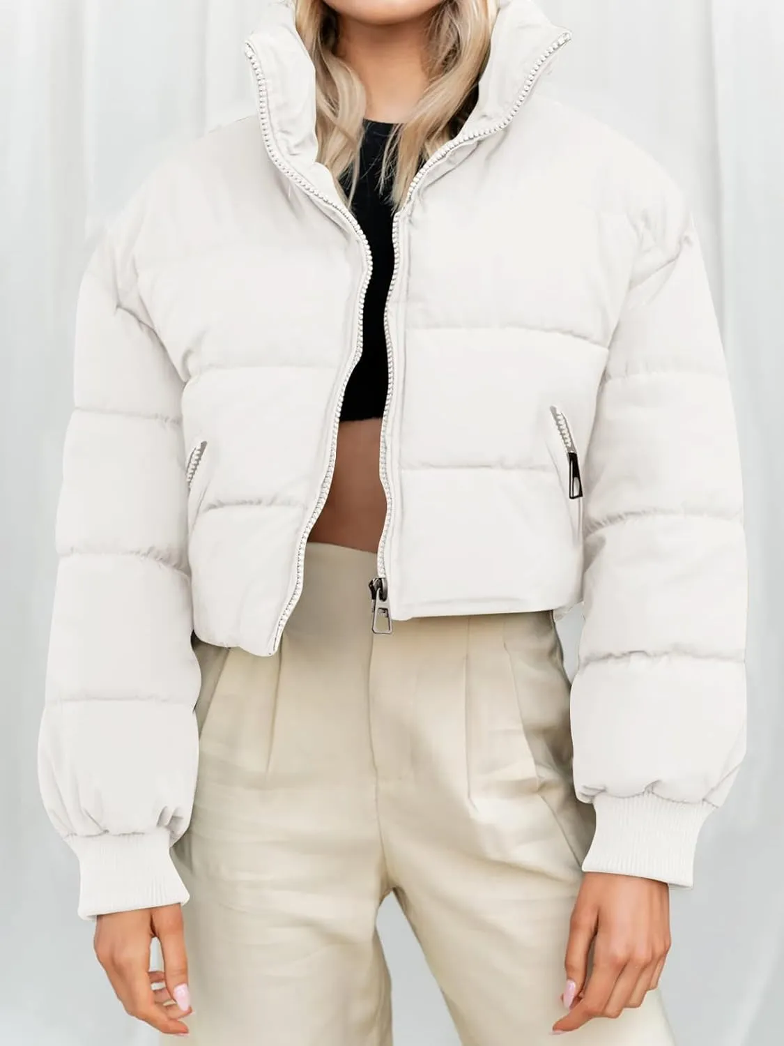 MEROKEETY Women's Winter Cropped Puffer Jacket Long Sleeve Oversized Stand Collar Zip-Up Short Coat