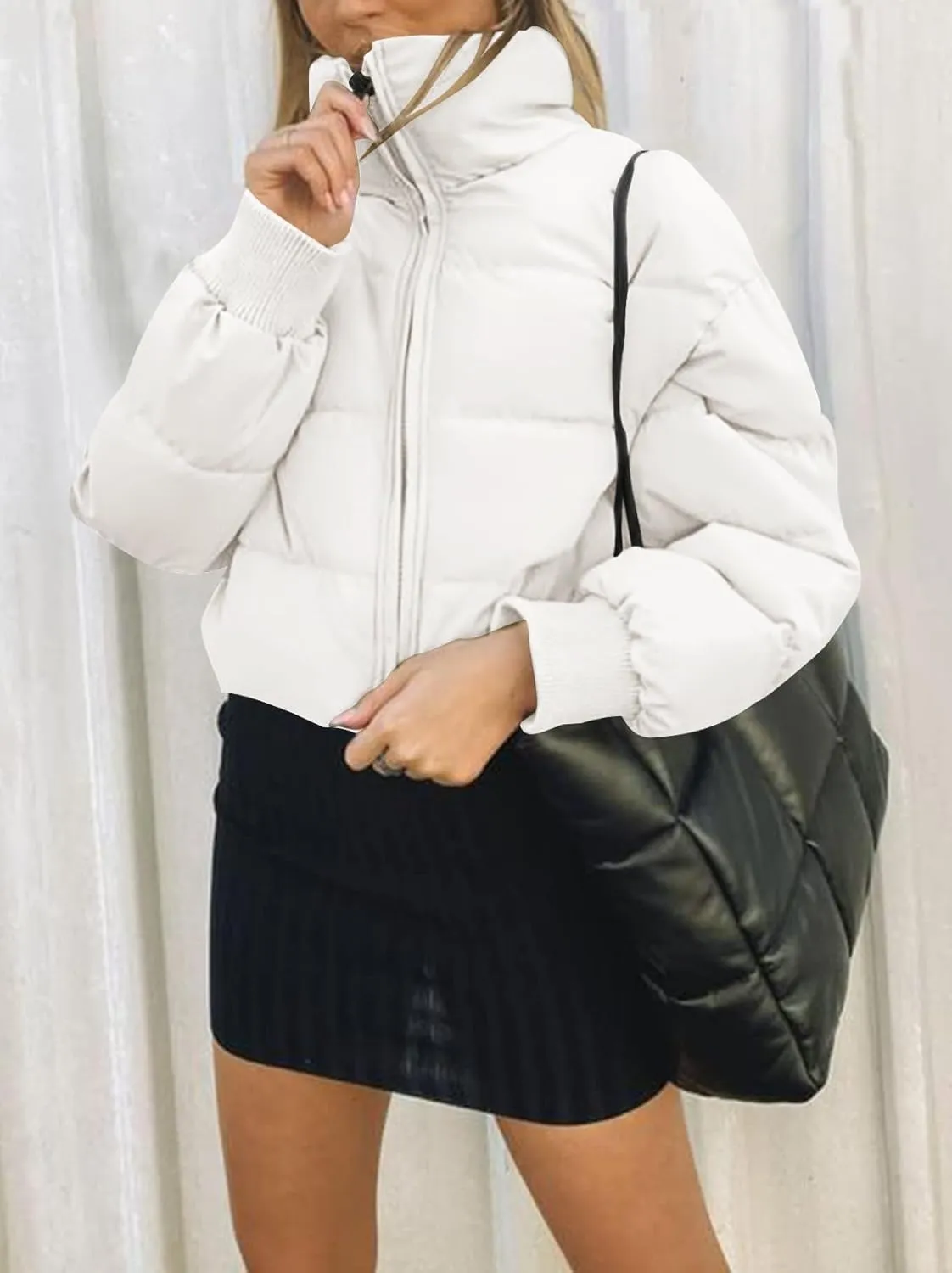 MEROKEETY Women's Winter Cropped Puffer Jacket Long Sleeve Oversized Stand Collar Zip-Up Short Coat
