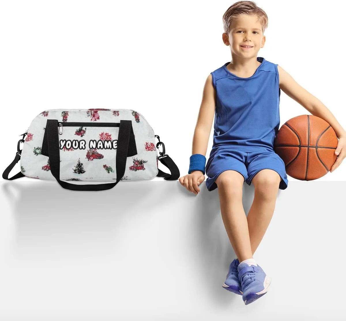 Merry Christmas Holiday Winter Personalized Kids Duffel Bag for Girls Boys, Christmas Debris Custom Name Dance Bag Overnight Small Duffel Bag Carry On Weekend Sports Travel Bag for School Practice Gymnastics Ballet