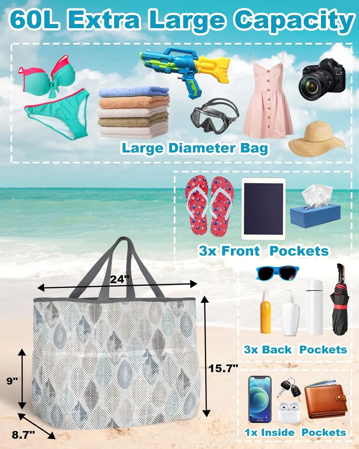 Mesh Beach Bag Oversized Tote Bags Ethnic Boho Morandi Leaves Seamless Large Travel Pool Bags Grocery Tote Bags 8 Pockets