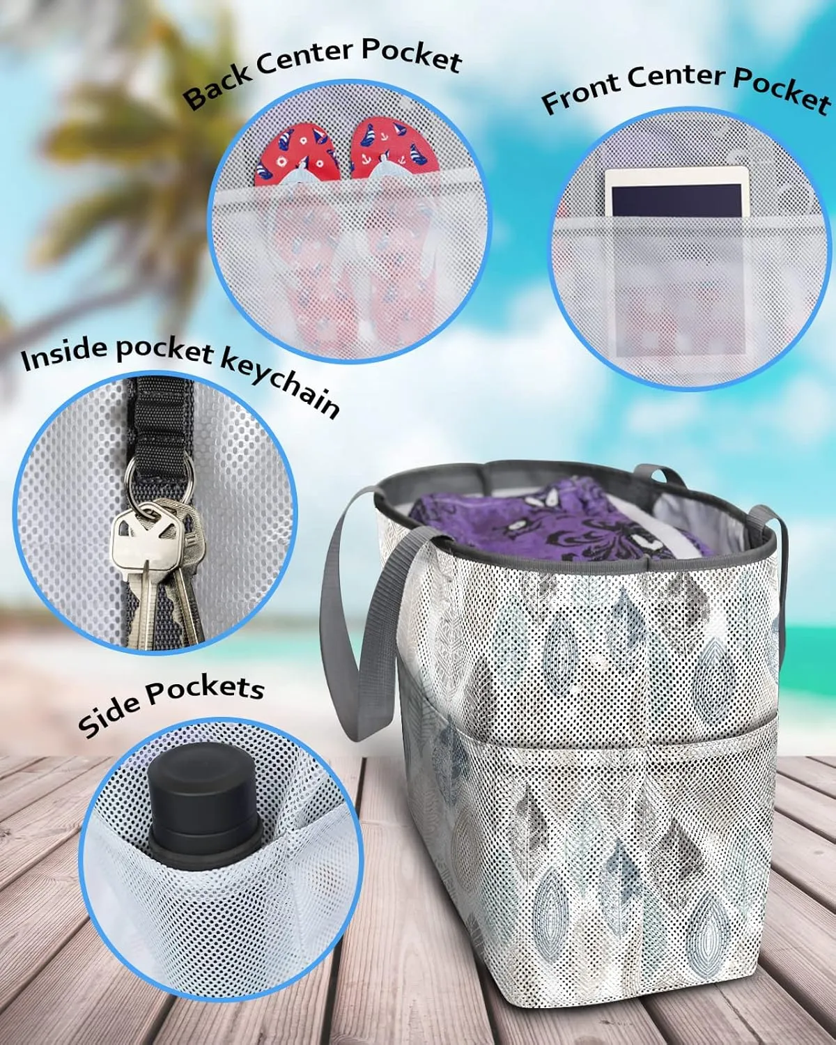 Mesh Beach Bag Oversized Tote Bags Ethnic Boho Morandi Leaves Seamless Large Travel Pool Bags Grocery Tote Bags 8 Pockets