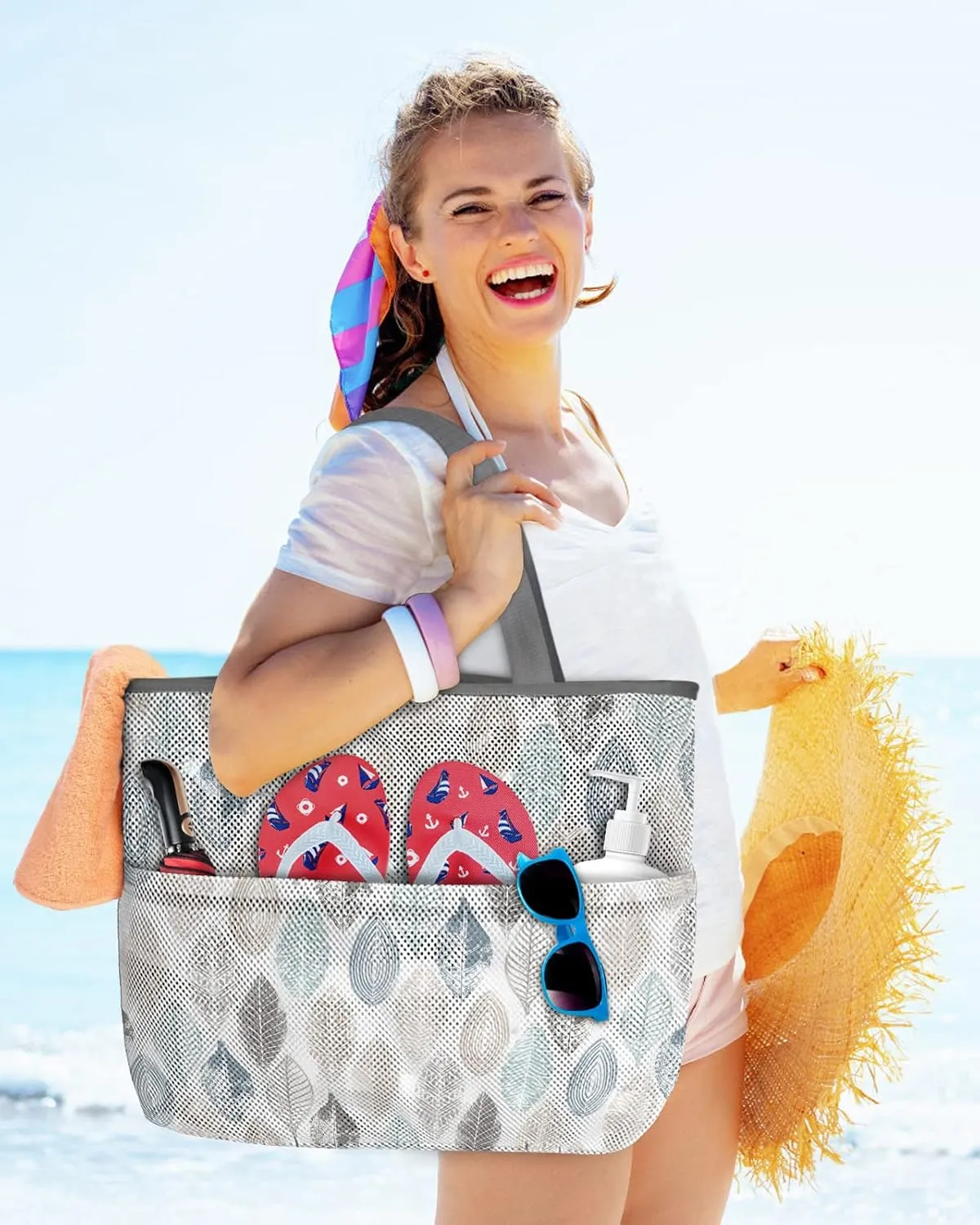Mesh Beach Bag Oversized Tote Bags Ethnic Boho Morandi Leaves Seamless Large Travel Pool Bags Grocery Tote Bags 8 Pockets