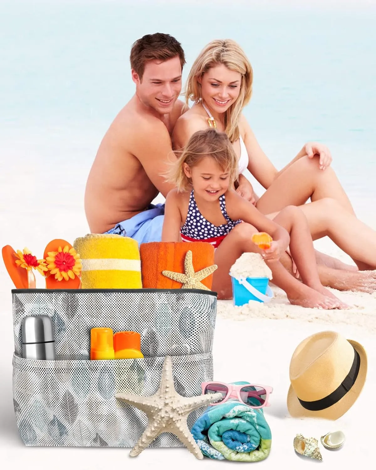 Mesh Beach Bag Oversized Tote Bags Ethnic Boho Morandi Leaves Seamless Large Travel Pool Bags Grocery Tote Bags 8 Pockets