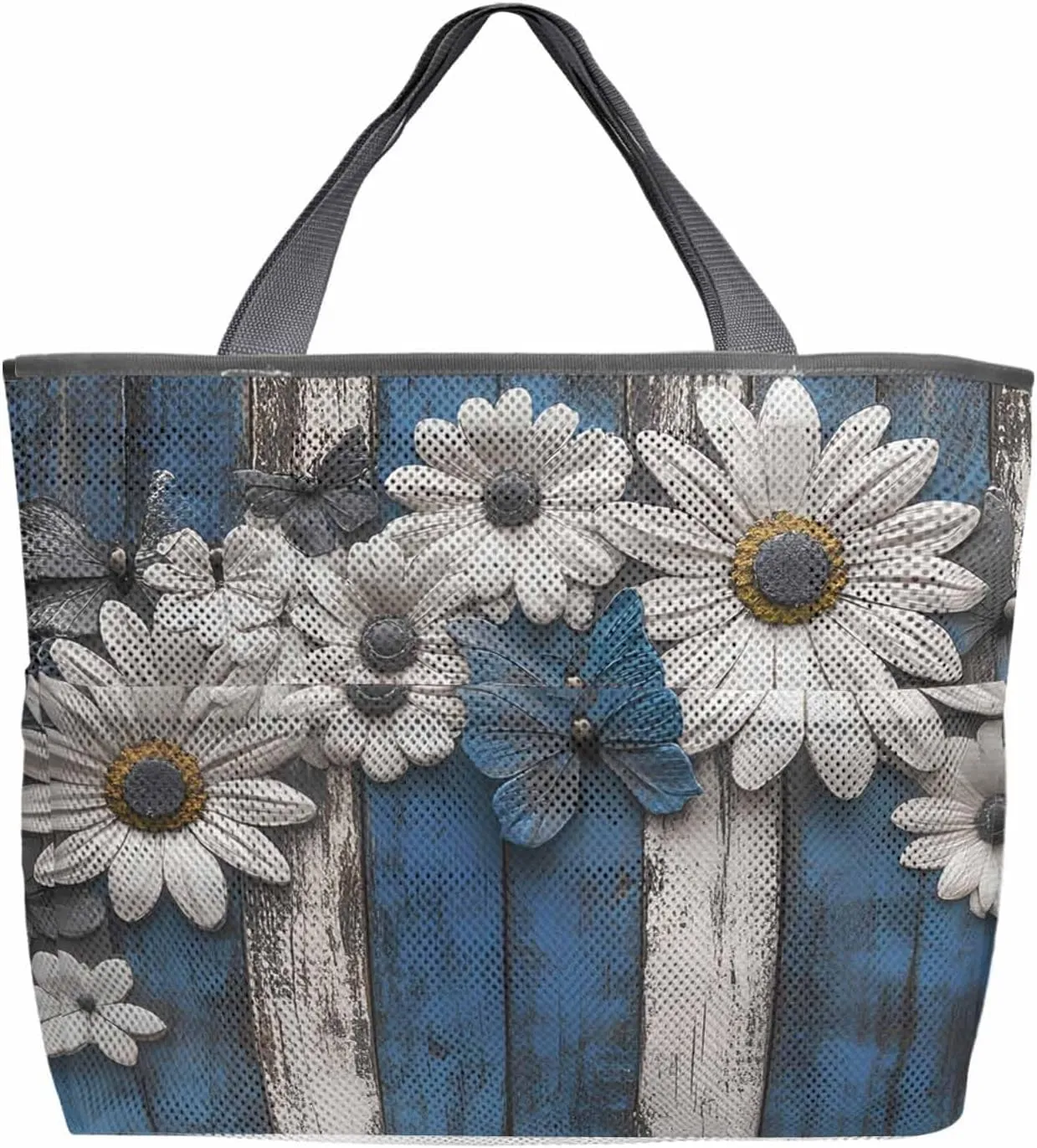 Mesh Beach Bag Oversized Tote Bags for Women Pastoral Daisy Butterfly Flower Large Bags for Travel Pool Grocery