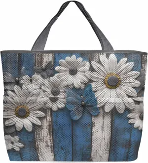 Mesh Beach Bag Oversized Tote Bags for Women Pastoral Daisy Butterfly Flower Large Bags for Travel Pool Grocery