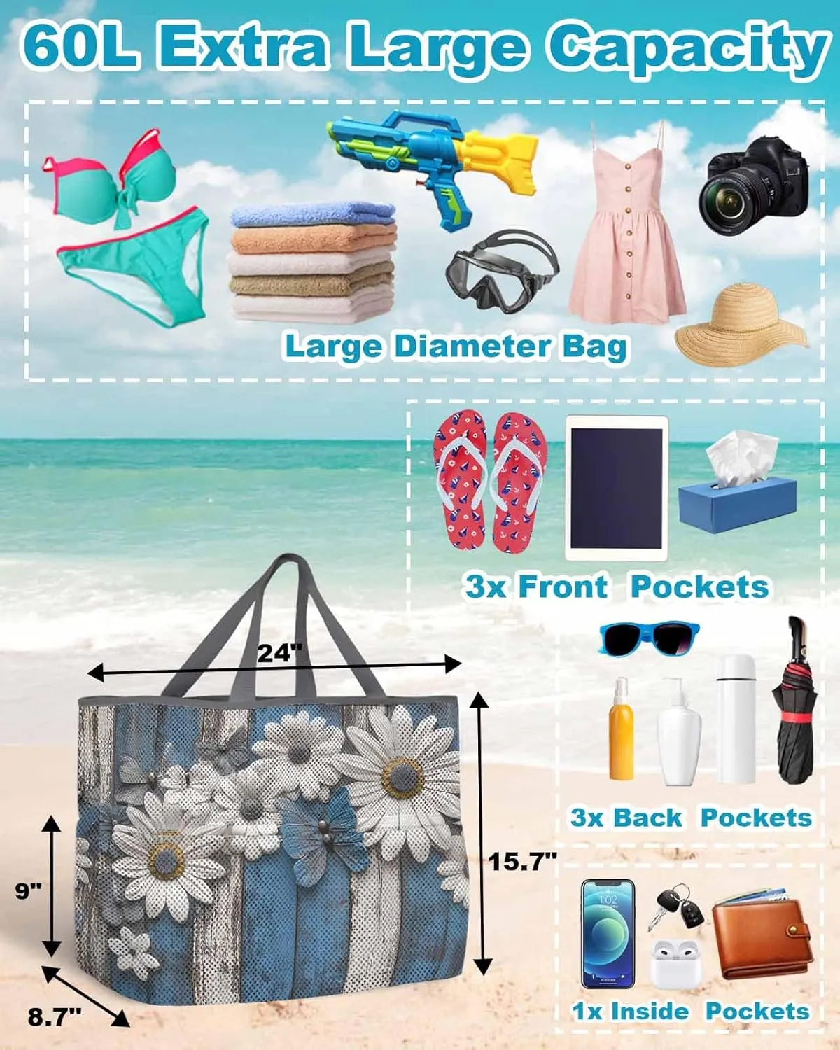 Mesh Beach Bag Oversized Tote Bags for Women Pastoral Daisy Butterfly Flower Large Bags for Travel Pool Grocery