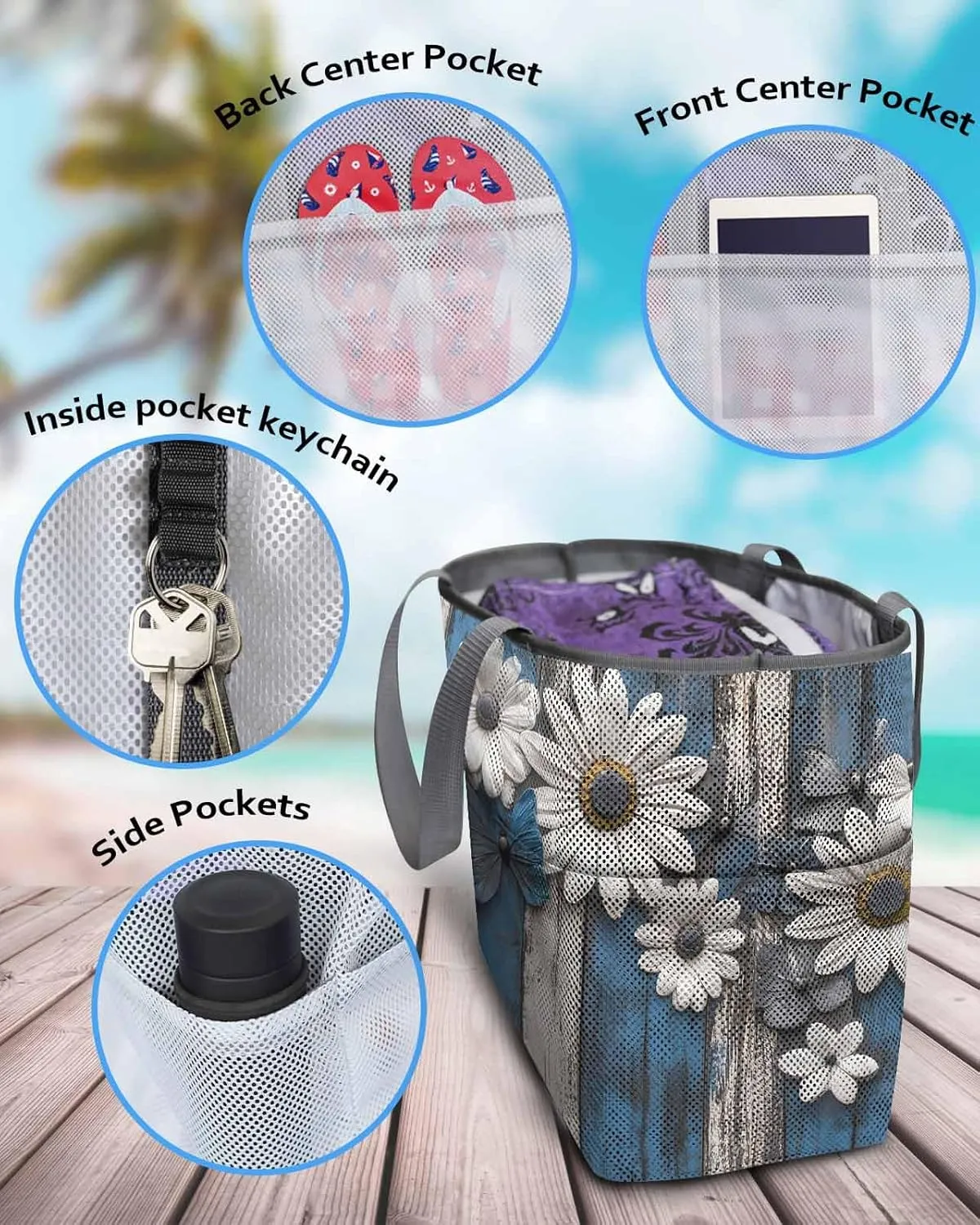 Mesh Beach Bag Oversized Tote Bags for Women Pastoral Daisy Butterfly Flower Large Bags for Travel Pool Grocery