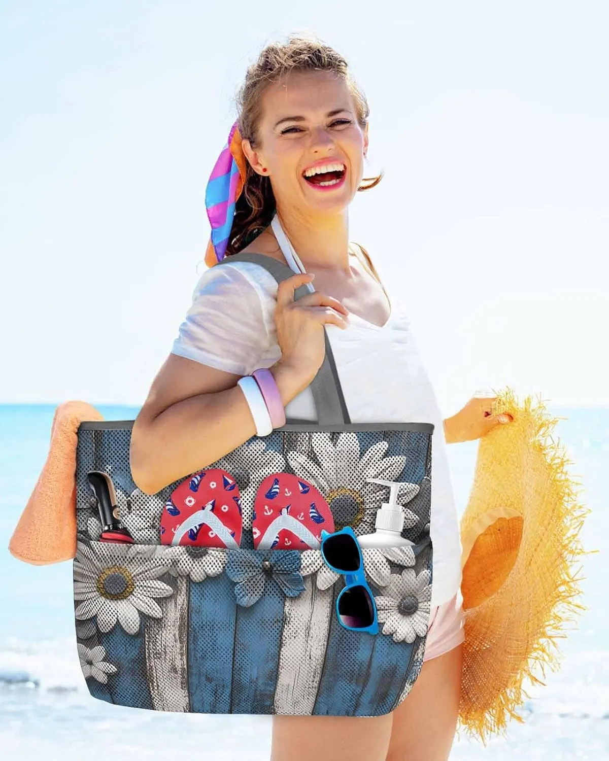 Mesh Beach Bag Oversized Tote Bags for Women Pastoral Daisy Butterfly Flower Large Bags for Travel Pool Grocery
