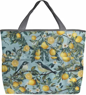 Mesh Beach Bag Oversized Tote Bags for Women Pastoral Lemon Bird on Blue Large Bags for Travel Pool Grocery