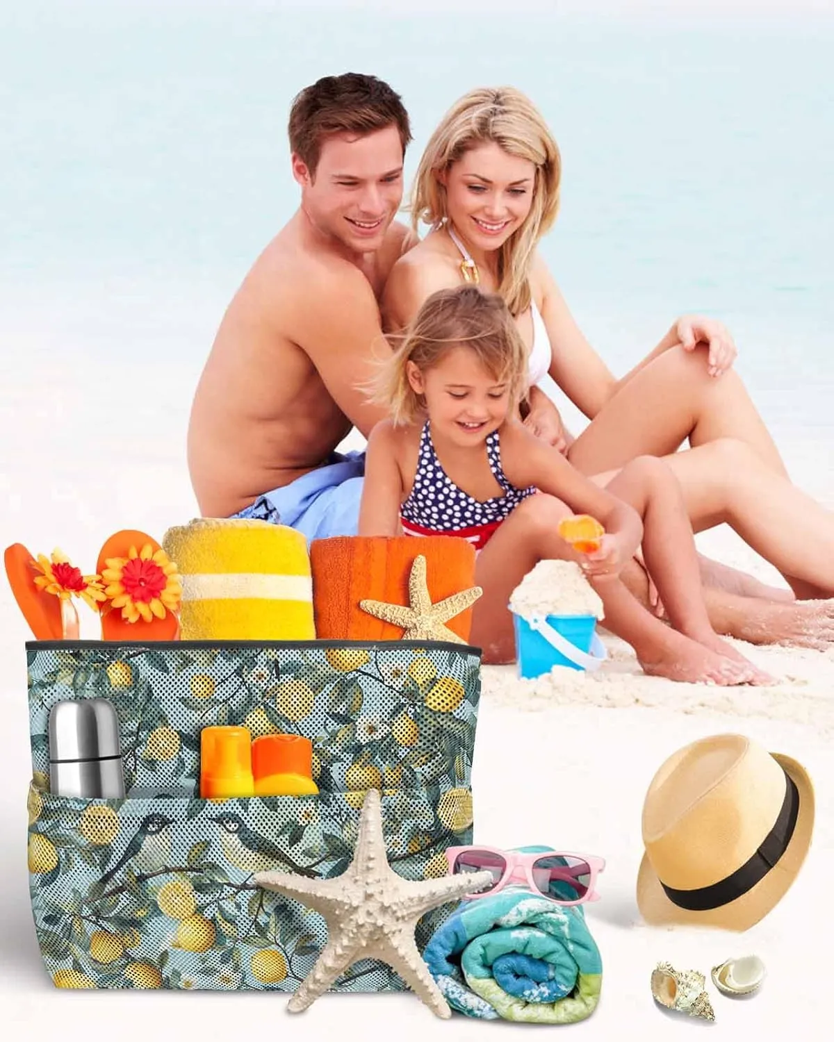 Mesh Beach Bag Oversized Tote Bags for Women Pastoral Lemon Bird on Blue Large Bags for Travel Pool Grocery