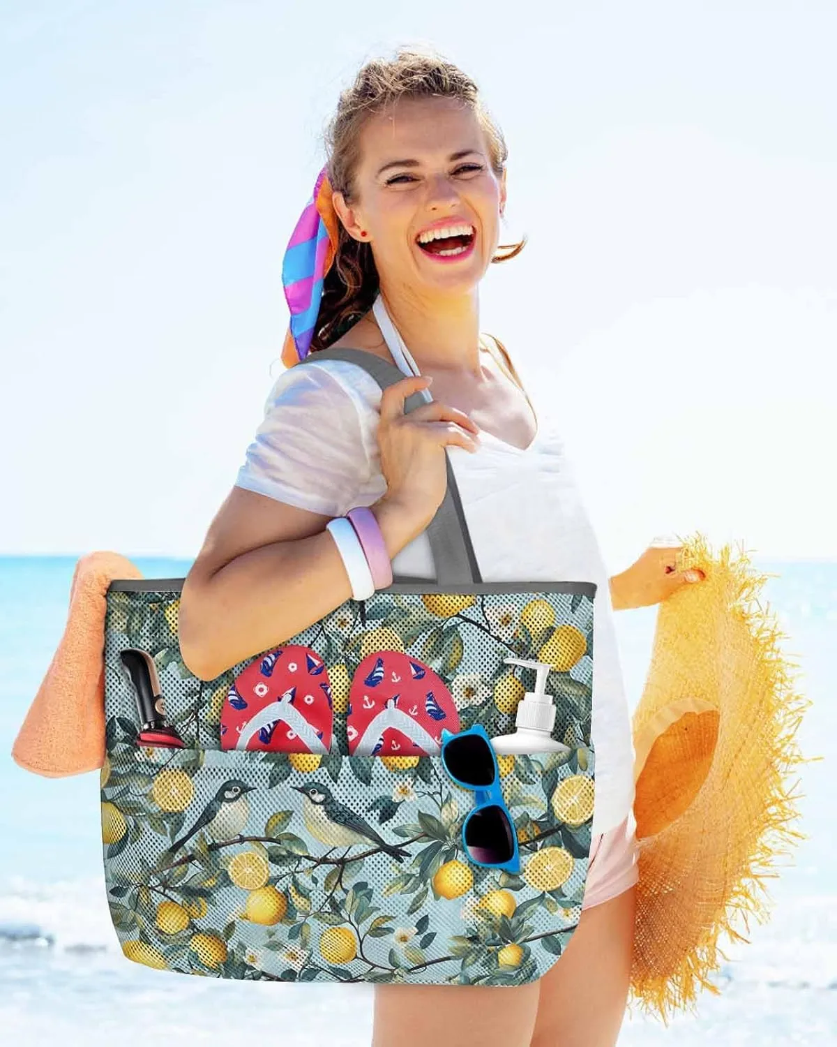 Mesh Beach Bag Oversized Tote Bags for Women Pastoral Lemon Bird on Blue Large Bags for Travel Pool Grocery