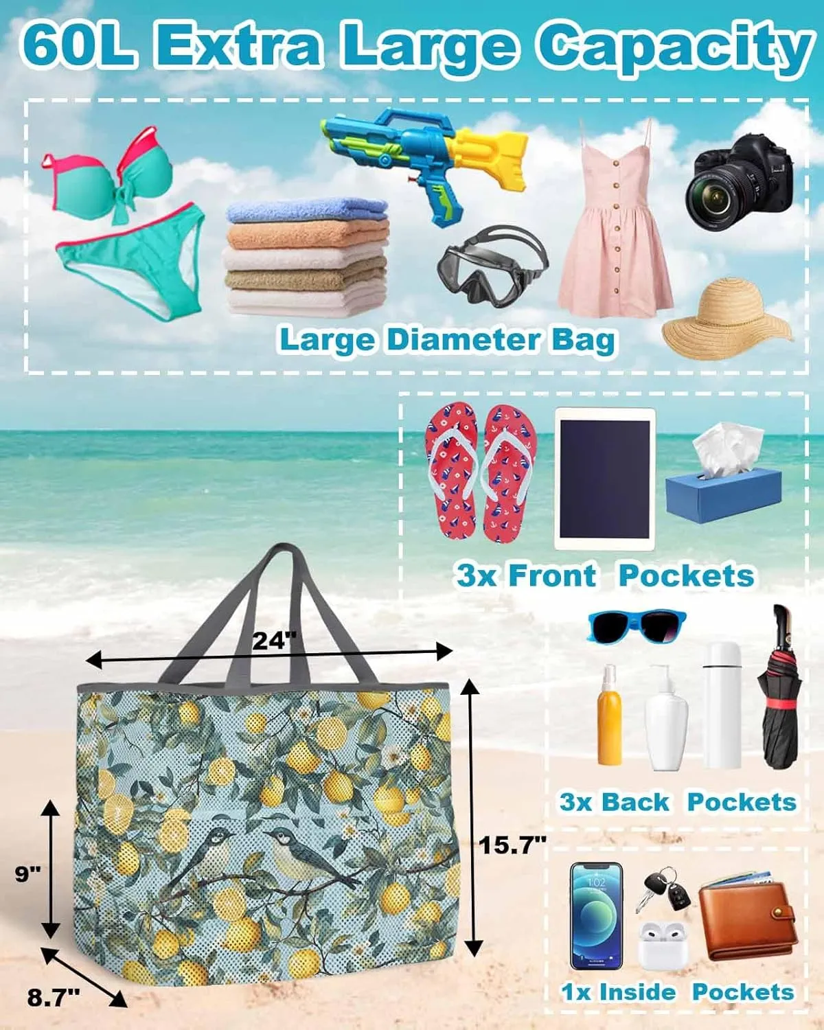 Mesh Beach Bag Oversized Tote Bags for Women Pastoral Lemon Bird on Blue Large Bags for Travel Pool Grocery