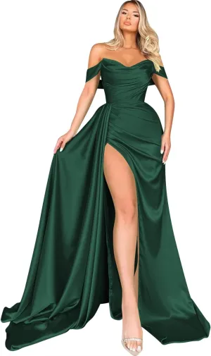Miao Duo Women's Off Shoulder Mermaid Prom Dresses Long with Slit Pleates Wrap Satin Formal Evening Gowns MDPM104