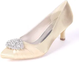 Mid Heels Satin Rhinestones Wedding Shoes for Bride Pointed Toe Prom Evening Party Dress Pumps-1608-01AB