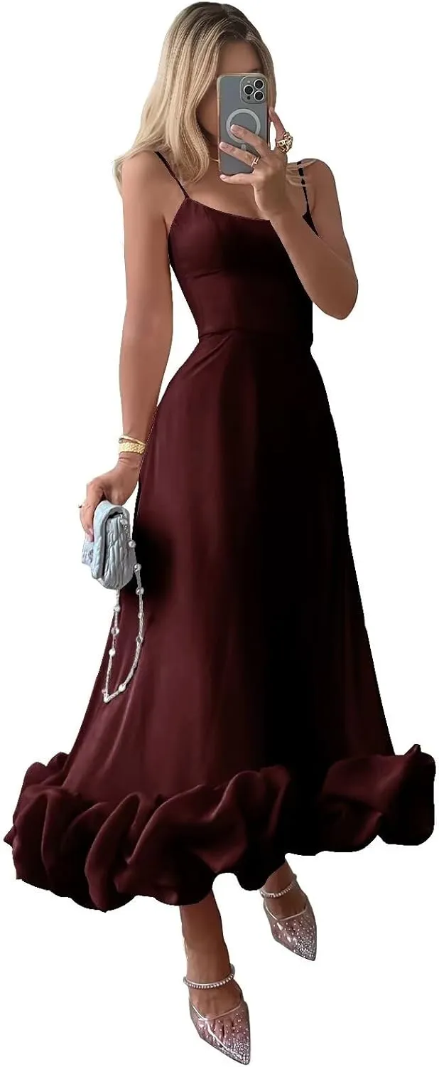 Midi Satin Prom Dresses for Women 2025 Tea Length Flounce Ruffle Formal Evening Party Gowns