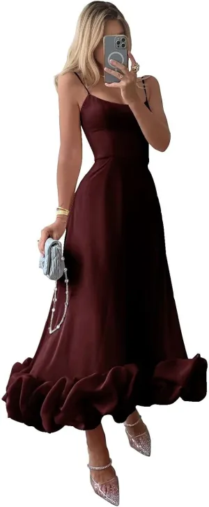 Midi Satin Prom Dresses for Women 2025 Tea Length Flounce Ruffle Formal Evening Party Gowns