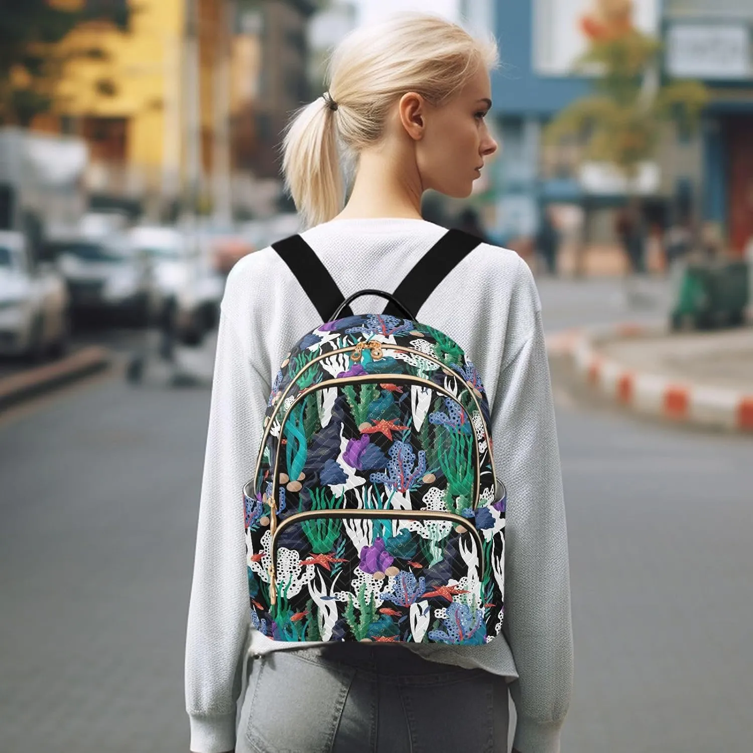 Mini Backpack for Women, Undersea Algae Coral Starfish Travel Backpack Purse for Ladies, Small Bookbag Daypack Shoulder Bag S