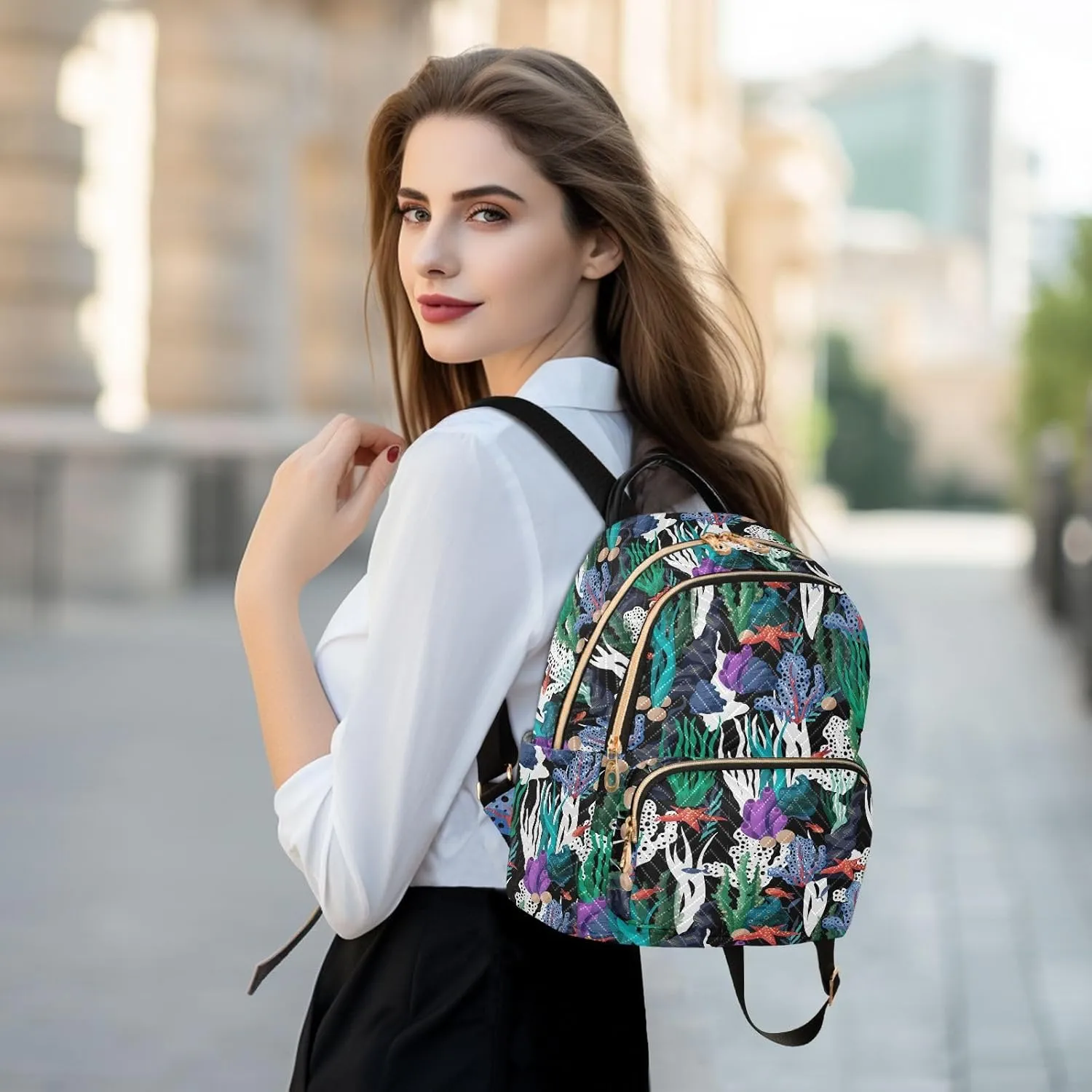 Mini Backpack for Women, Undersea Algae Coral Starfish Travel Backpack Purse for Ladies, Small Bookbag Daypack Shoulder Bag S