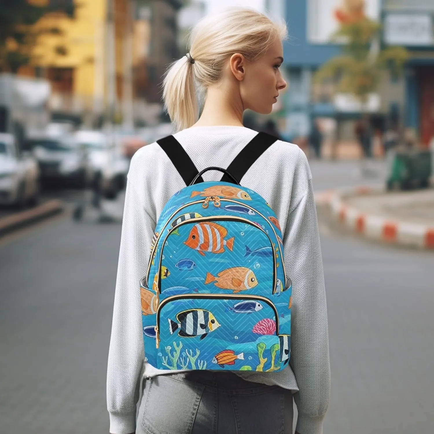 Mini Backpack Quilted Purse for Womens Small Backpack Daypack Coral Design for Travel Daily Work,Multi2