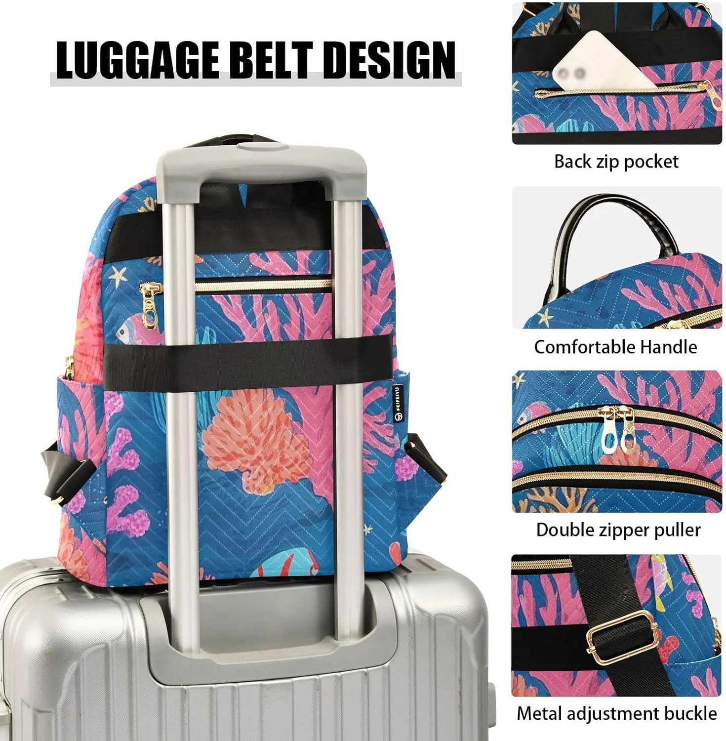 Mini Backpack Quilted Purse for Womens Small Backpack Daypack Coral Pattern for Travel Daily Outing,Multi10