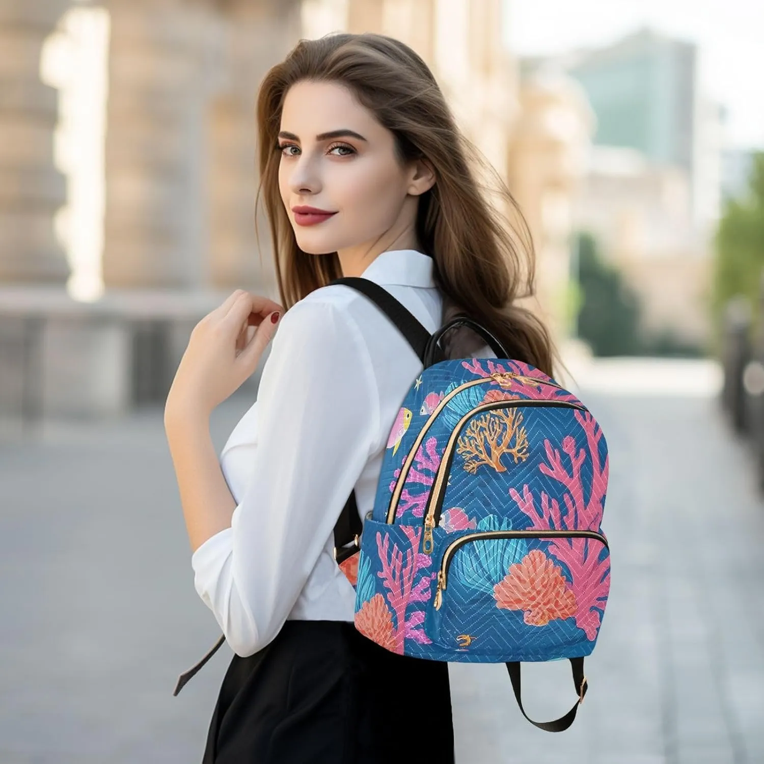 Mini Backpack Quilted Purse for Womens Small Backpack Daypack Coral Pattern for Travel Daily Outing,Multi10