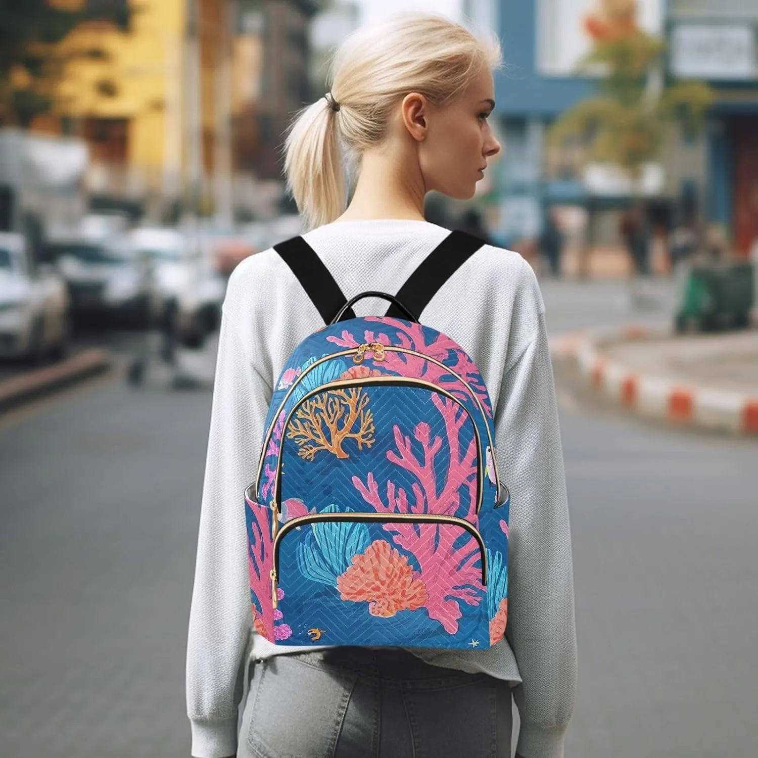 Mini Backpack Quilted Purse for Womens Small Backpack Daypack Coral Pattern for Travel Daily Outing,Multi10