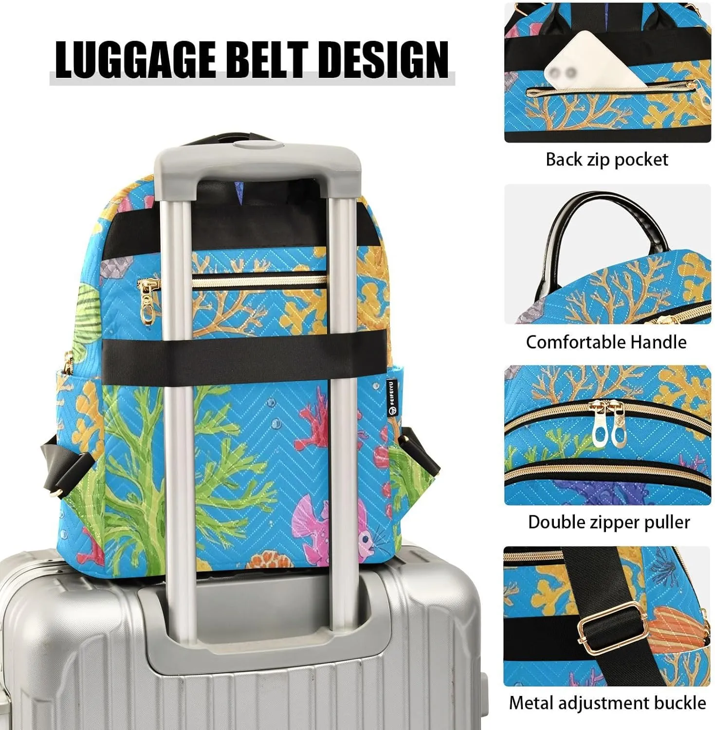 Mini Backpack Quilted Purse for Womens Small Backpack Daypack Coral Pattern for Travel Daily Outing,Multi12