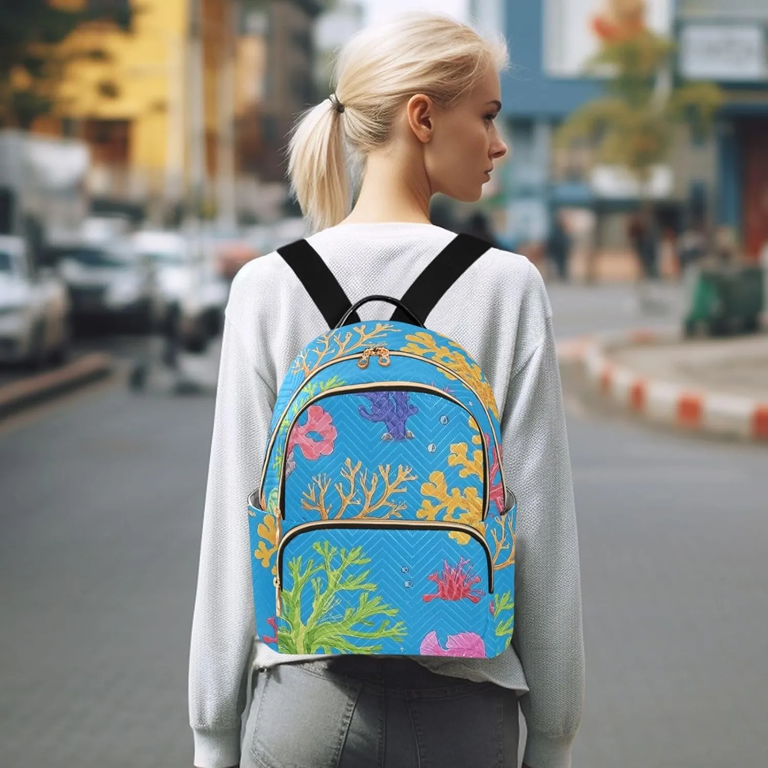 Mini Backpack Quilted Purse for Womens Small Backpack Daypack Coral Pattern for Travel Daily Outing,Multi12