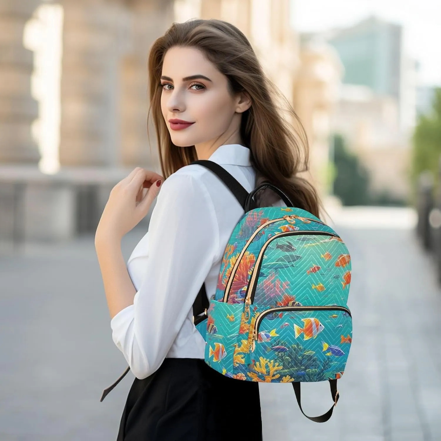Mini Backpack Quilted Purse for Womens Small Backpack Daypack Coral Print for Travel Daily Work,Multi2