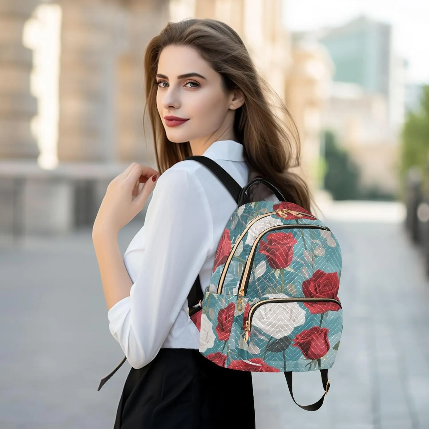 Mini Backpack Quilted Purse for Womens Small Backpack Daypack Rose Design for Travel Daily Work,Multi11